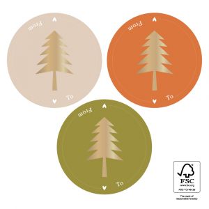 Kerst naamstickers groen-zand-oranje met kerstboom (HOP) 2