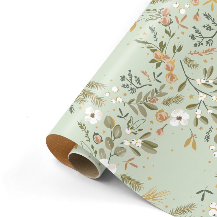 Cadeaupapier kerst bloem mint - sparkle bruin (CWH)