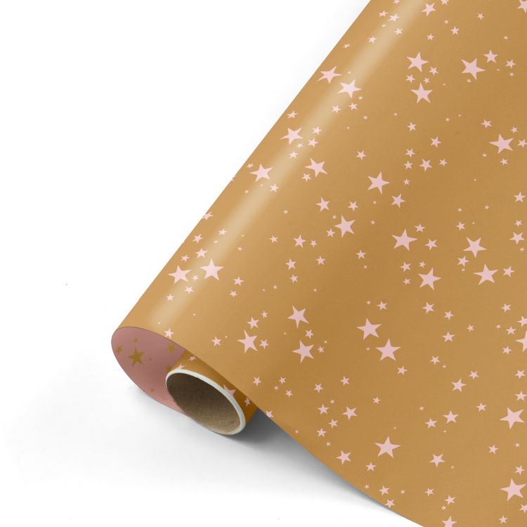 Cadeaupapier kerst oker met rose sterren (CWH)