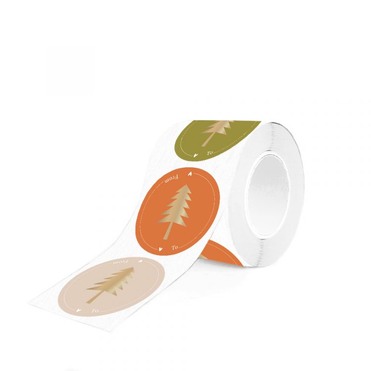 Kerst naamstickers groen-zand-oranje met kerstboom (HOP)